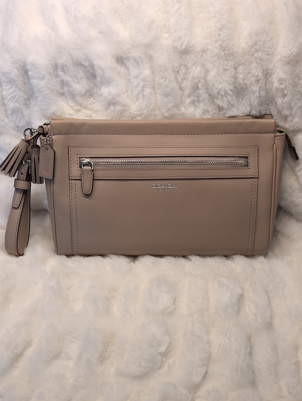 COACH *EXTRA LARGE* Beige Legacy XL Wristlet/Clutch Leather with Tassels